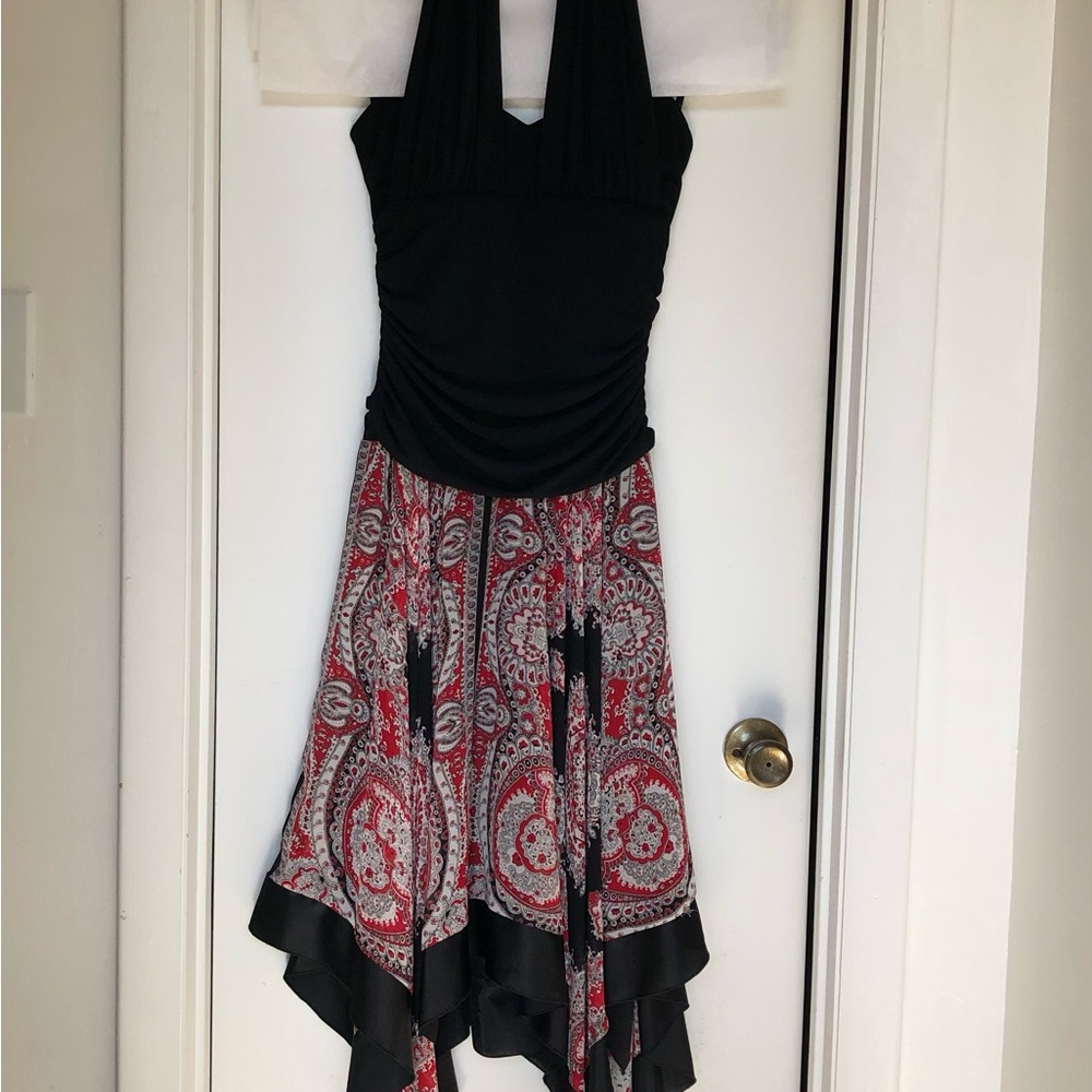 Halter dress with handkerchief hemline. Black, red, and white. Size 4